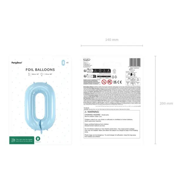 Partydeco Folienballon Zahl 0 hellblau