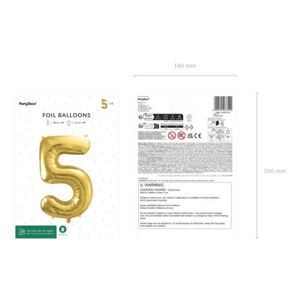 Partydeco Folienballon Zahl 5 gold