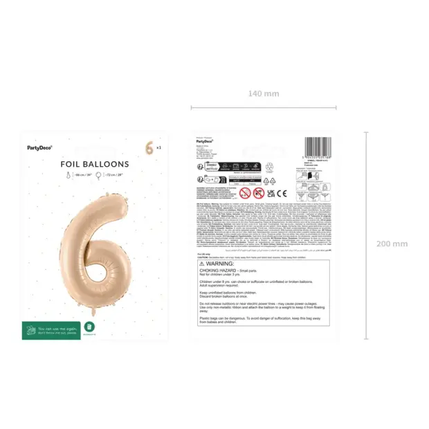 Partydeco Folienballon Zahl 6 beige