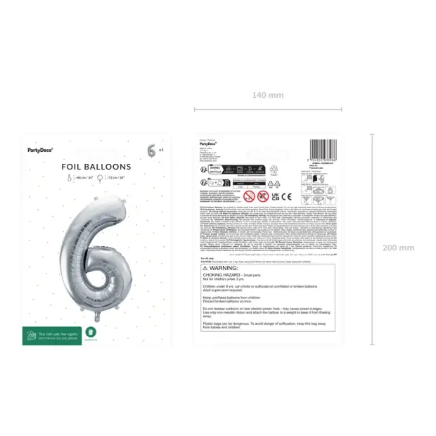 Partydeco Folienballon Zahl 6 silber