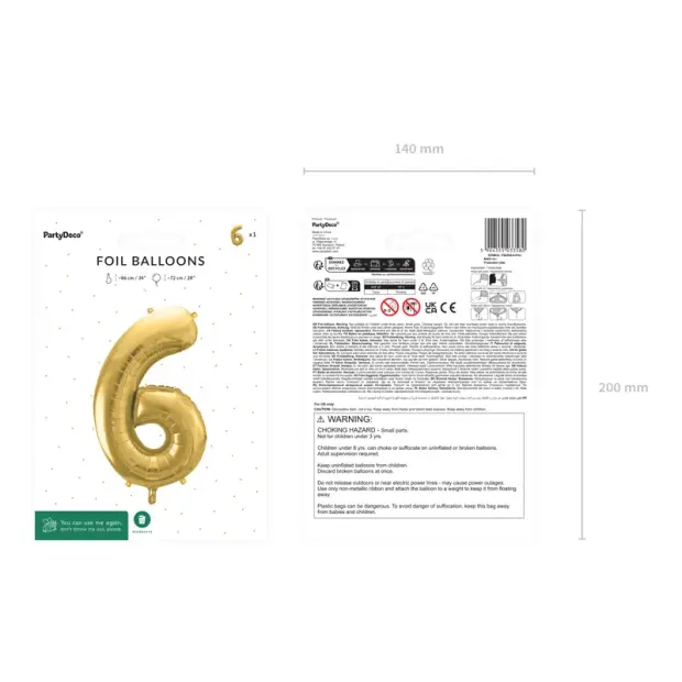 Partydeco Folienballon Zahl 6 gold