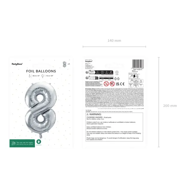 Partydeco Folienballon Zahl 8 silber