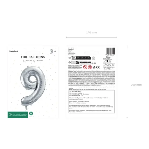 Partydeco Folienballon Zahl 9 silber