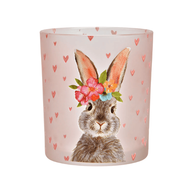 Windlicht M Hasen Dekor mit Herzen aus Glas 9x10x9cm (B/H/T)