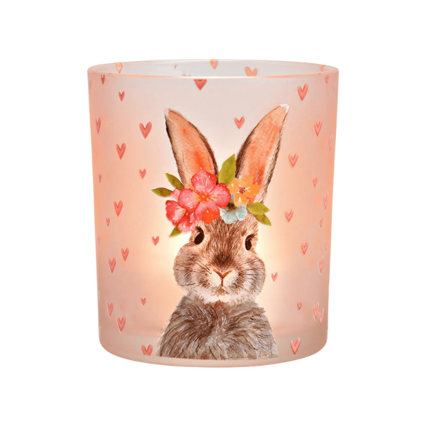 Windlicht M Hasen Dekor mit Herzen aus Glas 9x10x9cm (B/H/T)