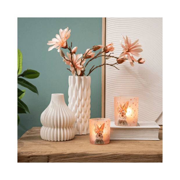 Windlicht M Hasen Dekor mit Herzen aus Glas 9x10x9cm (B/H/T)