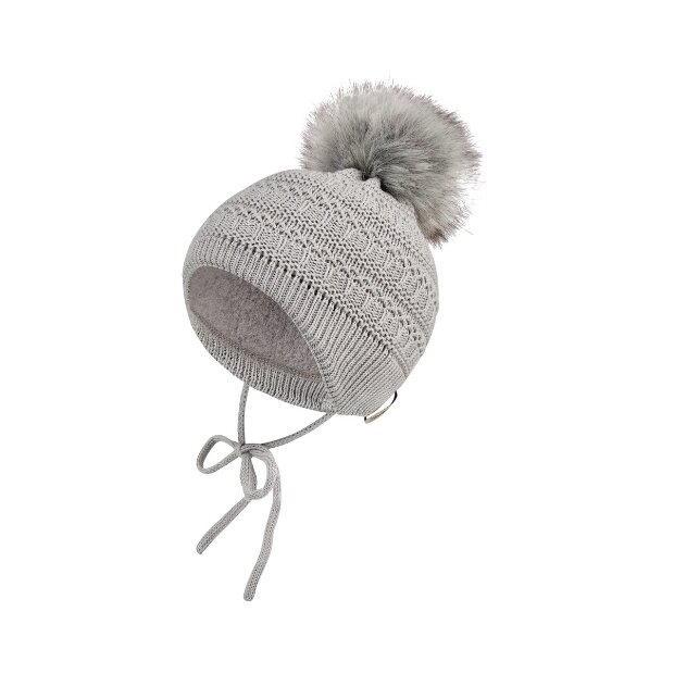 Sterntaler Strickmütze mit Kunstpelz-Pompon - grau