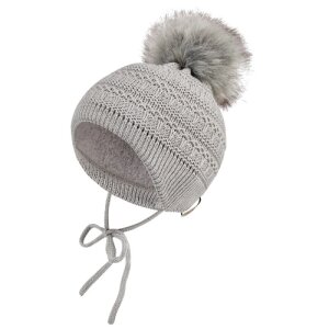 Sterntaler Strickmütze mit Kunstpelz-Pompon - grau