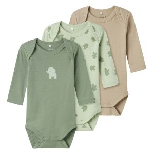 name it 3er-Pack Babybody langarm Elefant grün