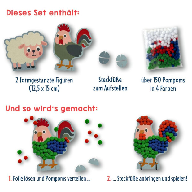 Coppenrath Mein kleines Bastelset: Pompom-Figuren (Schaf/Hahn) - Mini Künstler