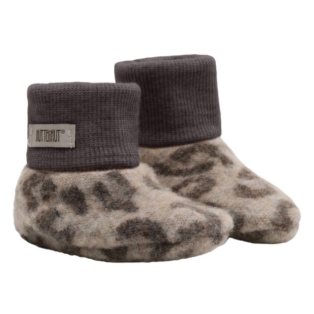 HUTTEliHUT 100% Wolle Baby-Footies - Camel Melange Leopard