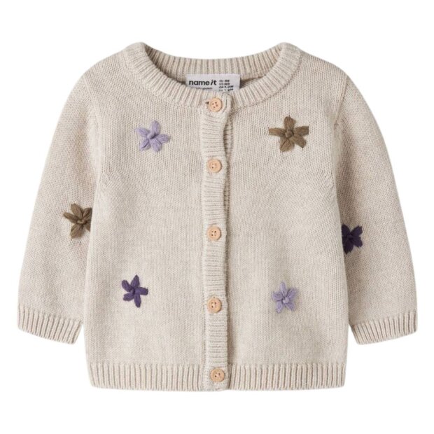 name it - Baby Biobaumwoll Strickjacke Blümchen - Peyote Melange