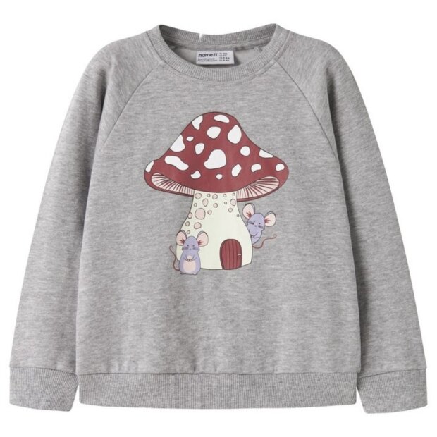 name it angerauter Sweatpullover Pilz und Mäuse - Grey Melange
