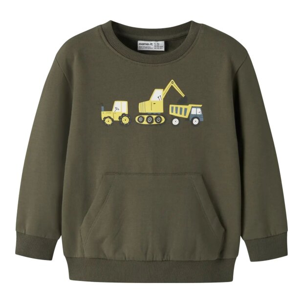 name it angerauter Sweater mit Tasche Baustelle - Olive Night Excavator