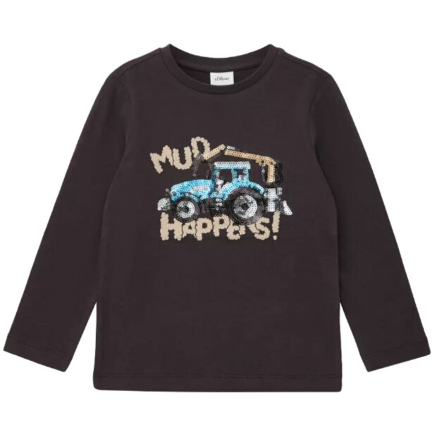 S.Oliver Langarm-Shirt Traktor mit Pailletten im Regular Fit - dark brown