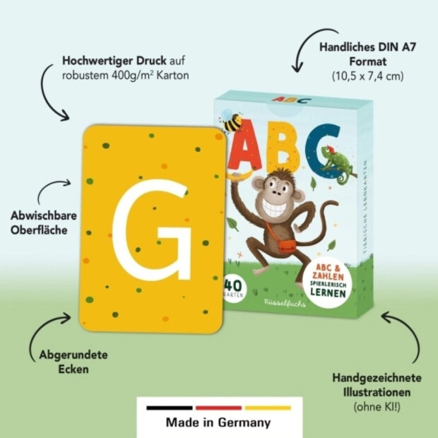 Rüsselfuchs ABC-Kartenset mit 30 Buchstabenkarten und 10 Zahlenkarten