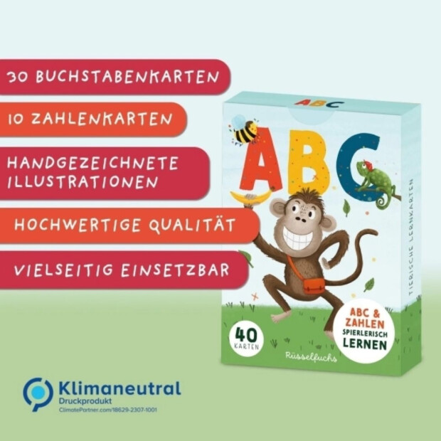 Rüsselfuchs ABC-Kartenset mit 30 Buchstabenkarten und 10 Zahlenkarten