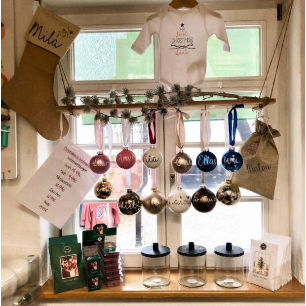 Weihnachtskugel personalisiert 8 cm aus Glas Blau Glanz #madebymylovelyfashion