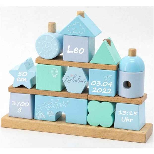 Personalisiertes Kinder-Holz Stapelhaus Blau von Liebelini